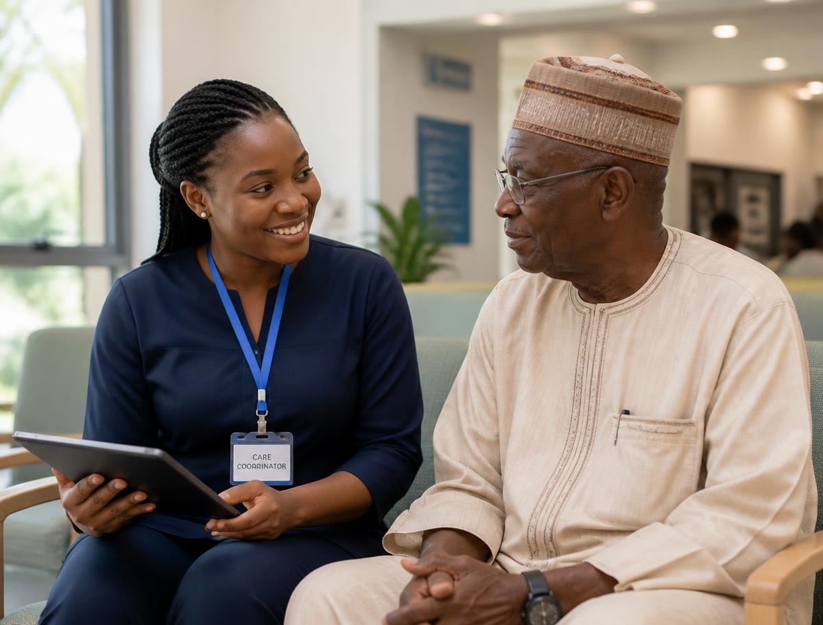 A care coordinator accompanying an older man at an appointment